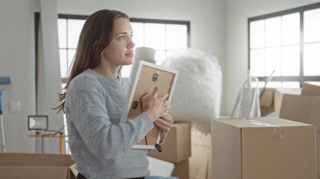 Woman hugging framed picture, holding frame close to chest among unpacked moving boxes in sunlit apartment; nostalgia memory home.