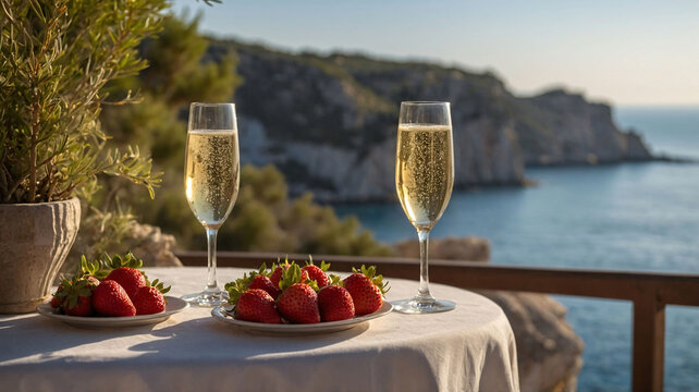 Glasses of sparkling wine and fresh strawberries on a table overlooking a scenic coastal landscape at sunset. Romantic luxury travel and lifestyle concept featuring celebration