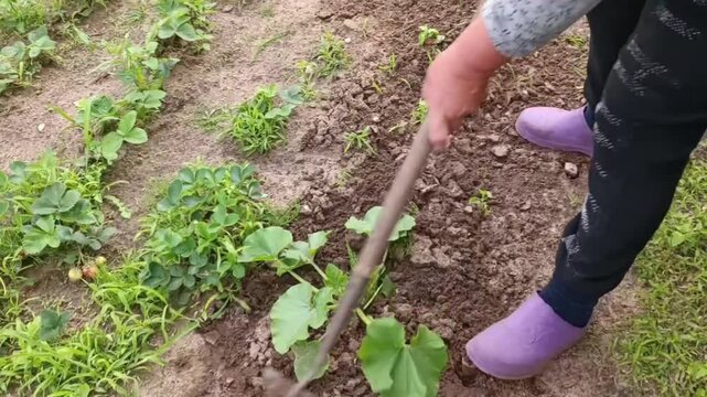 A gardener wearing purple clogs uses a hoe to till soil in a vegetable patch with strawberry plants.