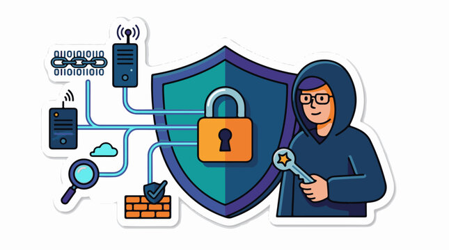 A hooded figure holds a key near a shield with a lock, surrounded by security and tech symbols
