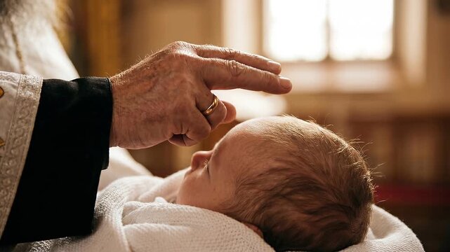 Priest hand making sign of the cross over a baby