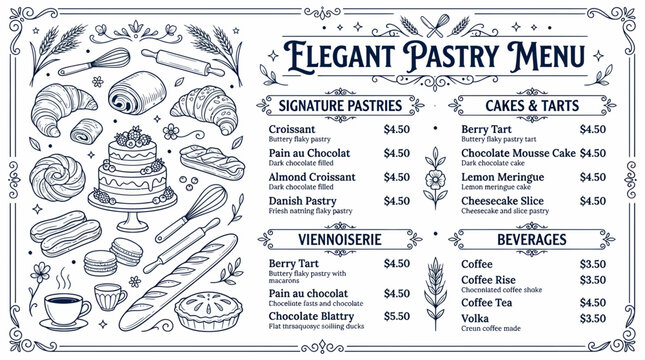 Vintage style bakery menu template with hand drawn pastry sketches