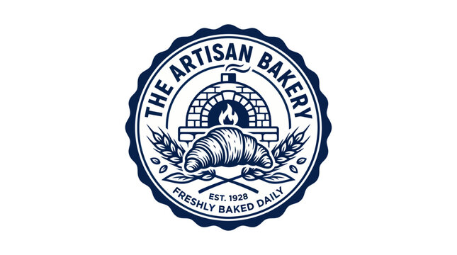 Vintage artisan bakery logo with croissant and stone oven