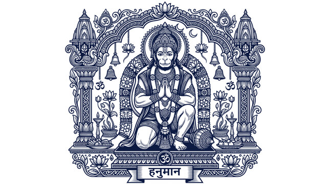 Lord hanuman kneeling in prayer within decorative temple architecture