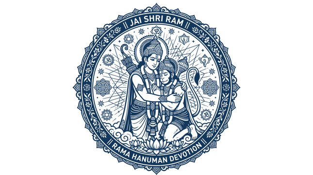 Rama and hanuman devotional emblem with intricate mandala patterns