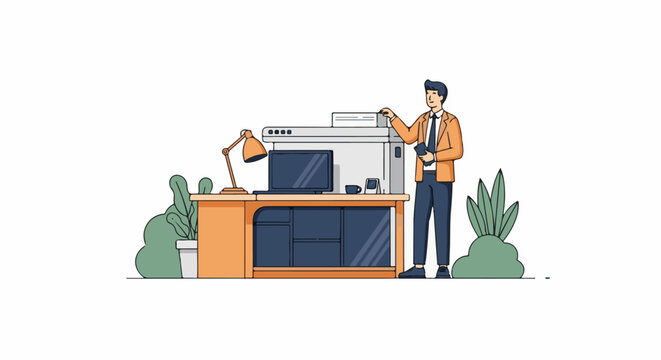 A man in an office setting with a printer and computer