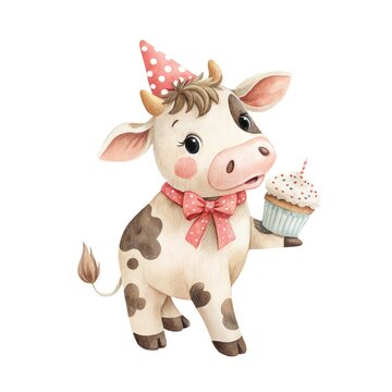Watercolor illustration of a cute little cow wearing a party hat and holding a birthday cupcake isolated on white