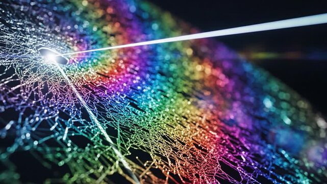 Abstract rainbow spectrum of light refracting through a complex organic crystalline network of delicate fibers