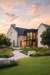 Obraz premium Modern house in a green landscape during sunset with clouds in the sky and a clear view of the design and exterior of the building