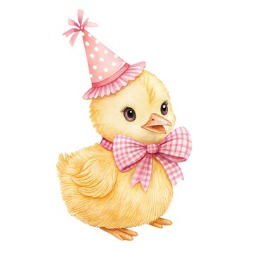 Watercolor illustration of a cute little fluffy yellow chick wearing a pink party hat and checkered bow tie isolated on white
