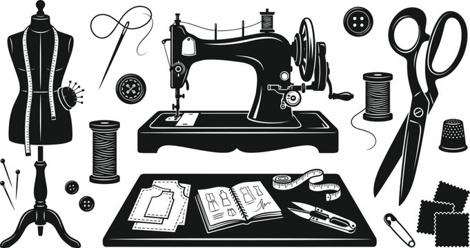  sewing and tailoring elements black silhouette set featuring retro sewing machine, mannequin, scissors, dress patterns, thread spools, needles, buttons, and dressmaking tools on white background