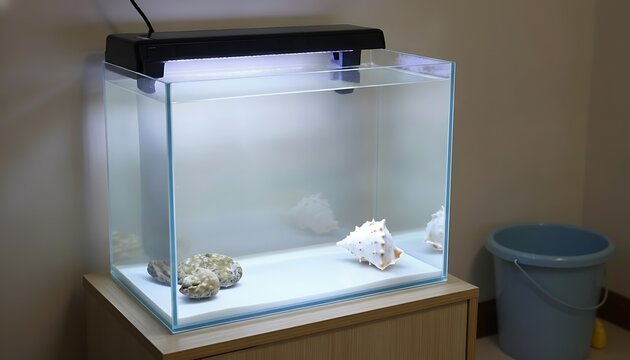 Empty rectangular freshwater aquarium with LED lighting, minimalist decor including seashells and rocks, placed on a wooden cabinet, showcasing a clean setup ready for fish or plants