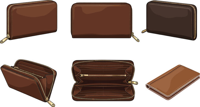 Premium Leather Zipper Wallet and Card Holder Vector Set Featuring Open and Closed Perspectives for Men and Women Fashion Accessories Layouts