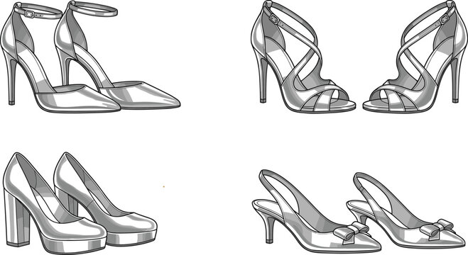 Women Elegant High Heel Shoes Line Art Vector Set Featuring Ankle Strap Pumps Strappy Sandals Chunky Platforms and Slingbacks with Bow Details