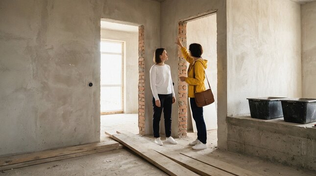 Two Women Discussing Interior Design and Renovation Plans Inside an Unfinished Apartment Under Construction