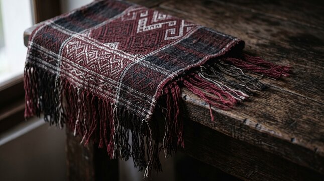 Authentic Ulos Batak traditional woven fabric with intricate geometric patterns, dark rustic wooden background