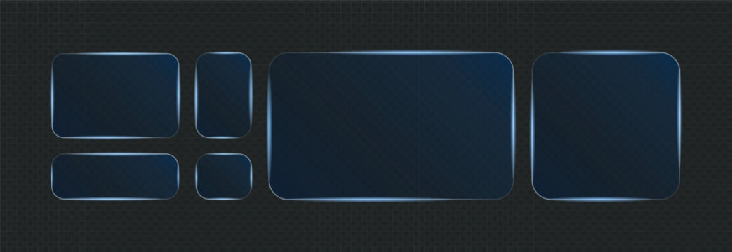 Set of blue glass frames with glowing borders. Glass panels of different shapes with neon frames for Web App Design on dark transparent background.