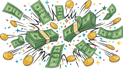 Cartoon money explosion background with flying dollar bills, gold coins, confetti, wealth concept, financial success banner, comic style isolated vector illustration. © Sukhi