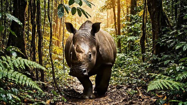 Javan Rhinoceros Walks Through Lush Green Tunnel of Overhanging Foliage Illuminated by Golden Light in Tropical Forest Environment