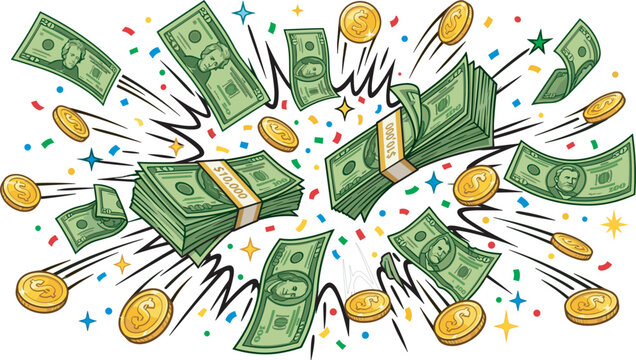 Cartoon money explosion background with flying dollar bills, gold coins, confetti, wealth concept, financial success banner, comic style isolated vector illustration.