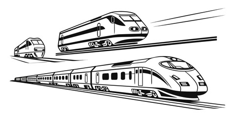 Set of high-speed passenger trains moving on tracks illustration with transit system transport locomotive commuter illustration silhouette © AE