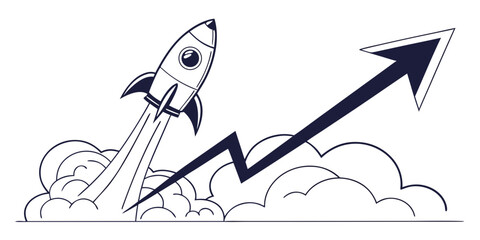 Startup rocket ship launching with rising financial growth arrow chart icon business marketing progress economic innovation corporate strategy © AE