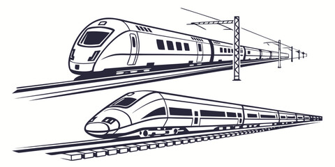 Modern high-speed bullet trains on tracks vector graphic collection with transport locomotive technology railroad passenger commuter electric © AE