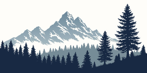 Mountain landscape illustration with coniferous forest silhouette mountain silhouette landscape evergreen adventure wilderness background © AE