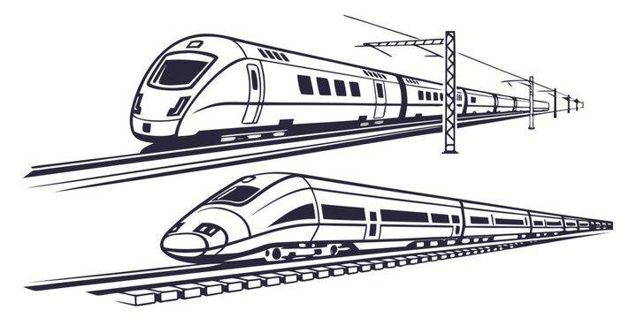 Modern high-speed bullet trains on tracks vector graphic collection with transport locomotive technology railroad passenger commuter electric