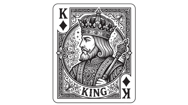 King Playing Card with Ornate Design and Crown Illustration Featuring Black and White, Royal, Vintage with Detailed and Intricate Elements