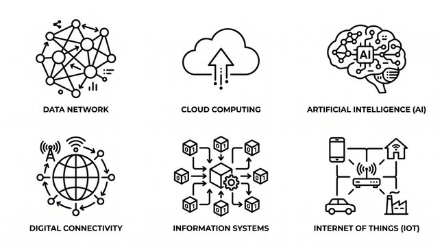 Set of six minimalist black line icons representing data networks, cloud computing, and digital connectivity, symbolizing technology, artificial intelligence, and information systems in modern design.