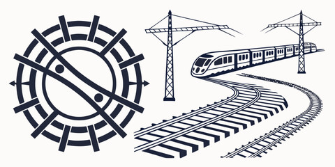 Modern electric train and railway track system graphic illustration with transport transportation electric railroad infrastructure locomotive © AE