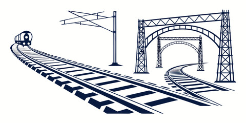 Railway tracks and train infrastructure illustration with overhead electrical lines transport transportation infrastructure railroad locomotive © AE