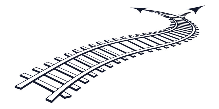 Curved railway tracks splitting into two separate directions represented as a conceptual line art illustration on a white background with direction
