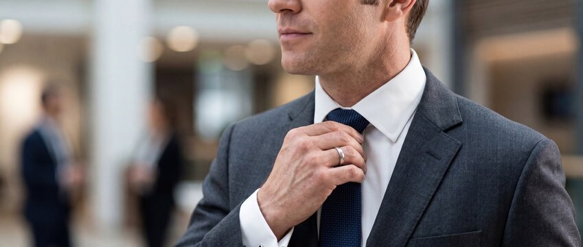 Businessman adjusting tie close up elegant corporate style
