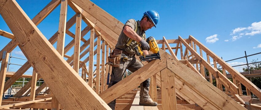 Construction worker installing wooden roof frame under blue sky