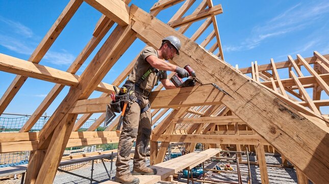 Construction worker installing wooden roof frame under blue sky