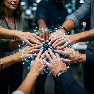 Diverse team hands connected in global network graphic, unity, collaboration, technology