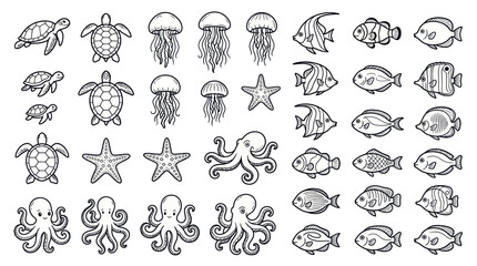 Marine life line art collection with sea turtles octopus and fish © role