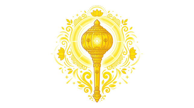 Golden ornamental mace with divine light and floral patterns