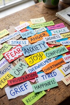 Emotional words collage anxiety fear anger chaos mental health concept