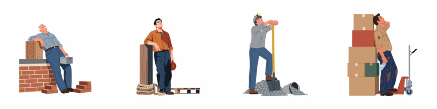 Set of illustrations depicting various manual laborers such as a mason, miner, and warehouse worker taking a break due to exhaustion from work.