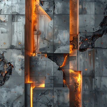 A dark, abstract scene with glowing orange cracks