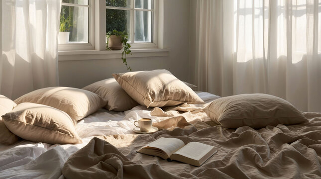 Cozy hygge bedroom bathed in warm morning light, featuring soft linen bedding and an open book by the window. Concept of hygge lifestyle,
