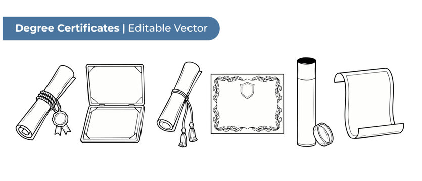 Graduation diploma certificate vector icons of outline degree scrolls paper folders certificate holder and scroll case elements set for university academic achievement celebration design templates