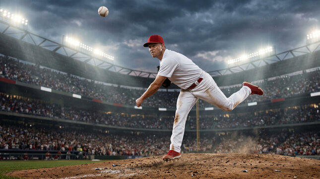 Baseball pitcher throwing ball from mound in packed stadium at night