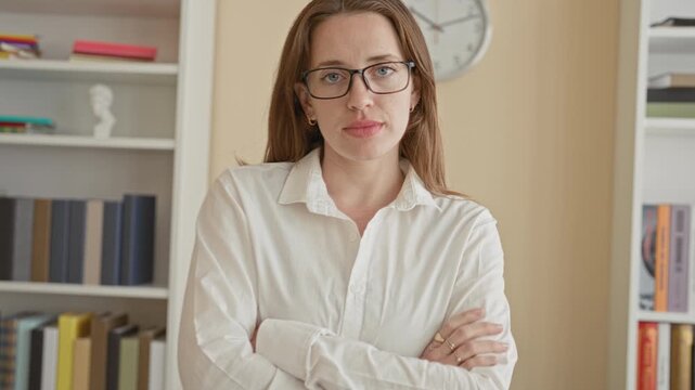 Woman wearing glasses and white shirt with arms crossed by a bookshelf, wall clock and plant on shelves in a study inside a building; calm determination.