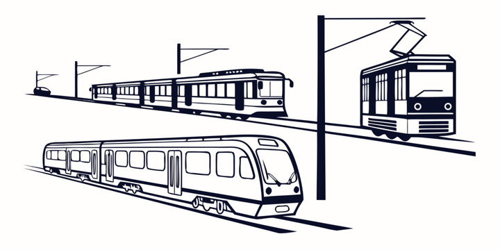 Set of modern electric trains and trams in black and white line art style with transportation electric commuter monorail graphics illustration