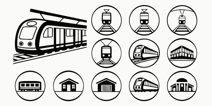 Set of transportation icons featuring trains and station buildings in circles transportation building graphics commuter traveling infrastructure
