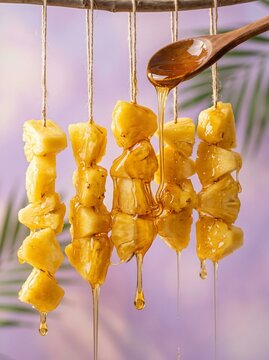 Grilled pineapple chunks on skewers with honey dripping